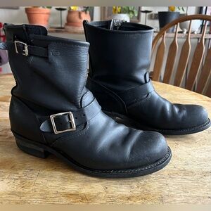 Frye Short Engineer Black Leather Moto Boots with Buckle